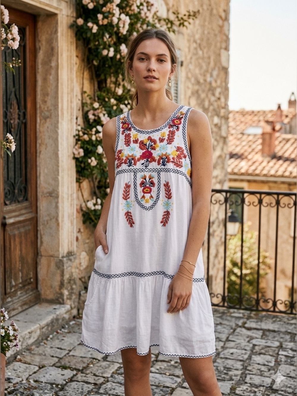 Embroidered White Floral Lovers & Friends  Bohemian Dress with Pockets